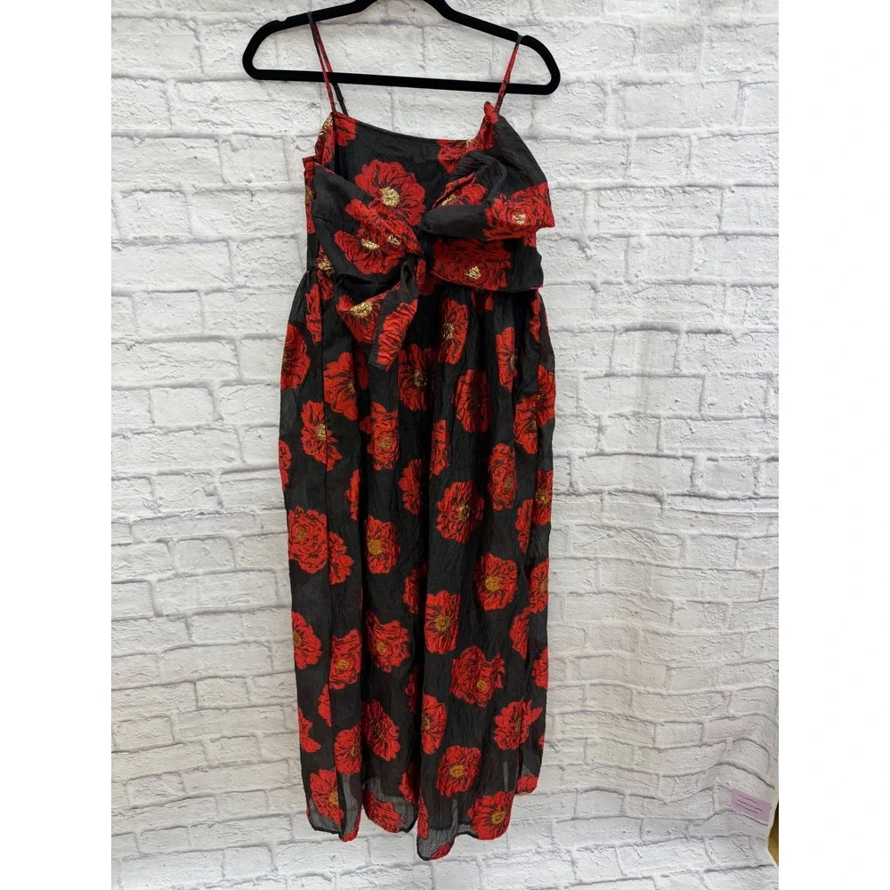 Sister Jane‎ Dream Bardot Dress Red Floral Jacquard Bow Midi XS Sleeveless Black